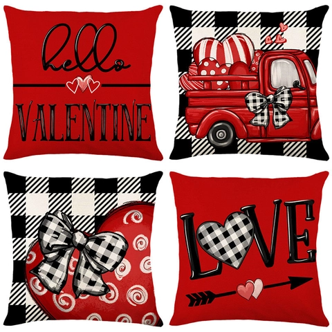 Valentine's Day Linen Throw Pillow Case Heart Gnome Print Decorative Cushion Cover For Living Room Sofa Home Decoration