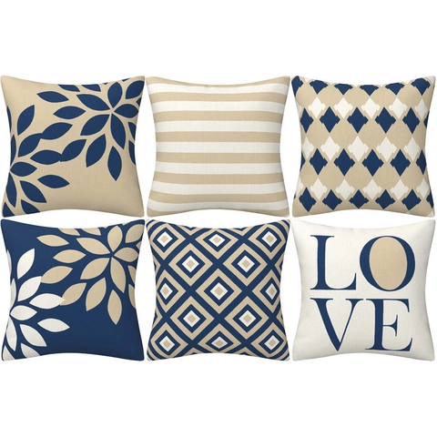 Federa per Cuscino Decorativa in Lino Blu Navy con Motivo Geometrico e Floreale per Divano Soggiorno Minimalista Moderno