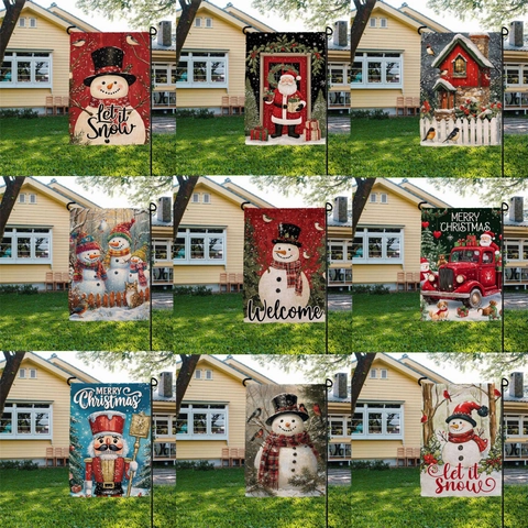 Double Sided Christmas Garden Flag Linen Polyester Outdoor Yard Banner Snowman Santa Claus Red Truck Holiday House Decor