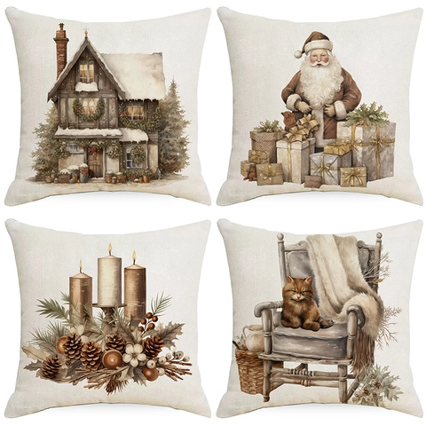 Funda de Almohada de Poliéster de Navidad Retro Acuarela Papá Noel Reno Estampada Funda de Cojín Decoración de Hogar Sofá