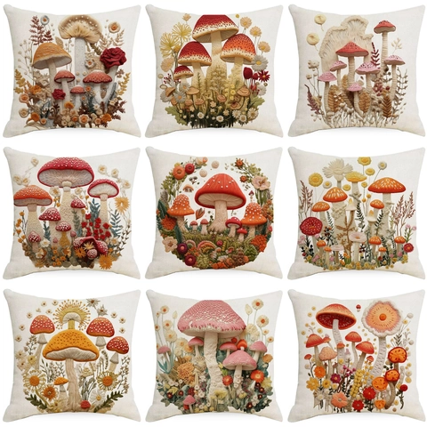 Pilz Leinen Kissenbezug 3D Visueller Druck Stickerei-Optik Botanisch Floral Wald Muster Deko Kissenhülle Für Sofa Zuhause Dekoration