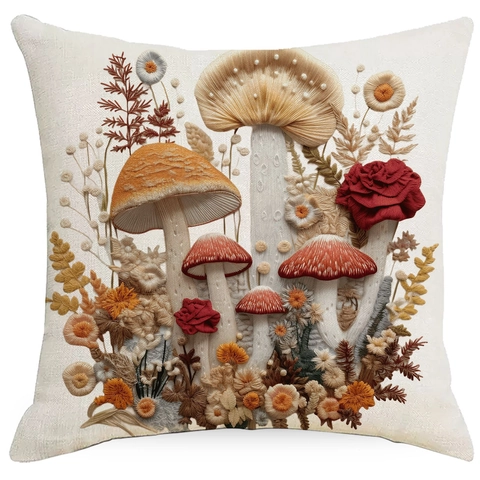 Pilz Leinen Kissenbezug 3D Visueller Druck Stickerei-Optik Botanisch Floral Wald Muster Deko Kissenhülle Für Sofa Zuhause Dekoration
