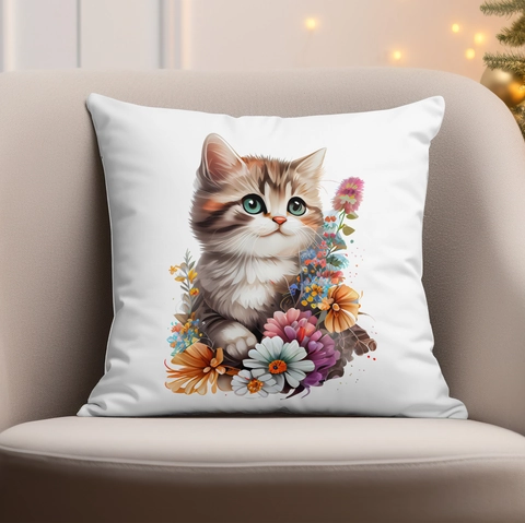 Federa per Cuscino in Lino con Gatto e Fiori Acquerello Copricuscino Decorativo per Divano Soggiorno Casa Arredamento Regalo