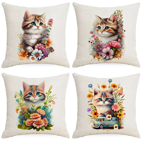 Federa per Cuscino in Lino con Gatto e Fiori Acquerello Copricuscino Decorativo per Divano Soggiorno Casa Arredamento Regalo