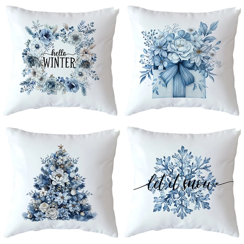 Funda de Almohada de Poliéster Azul con Copo de Nieve y Reno de Navidad Cuadrada Decorativa para Sofá de Casa