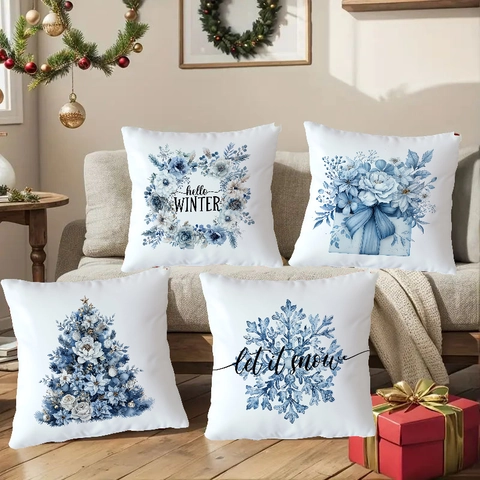 Funda de Almohada de Poliéster Azul con Copo de Nieve y Reno de Navidad Cuadrada Decorativa para Sofá de Casa