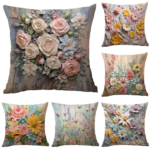 Vintage 3D Relief Blumen Kissenbezug Retro Ölgemälde Stil Quadratischer Kissenhülle Für Heim Sofa Dekor