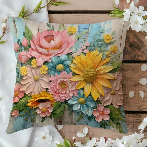 Vintage 3D Relief Blumen Kissenbezug Retro Ölgemälde Stil Quadratischer Kissenhülle Für Heim Sofa Dekor
