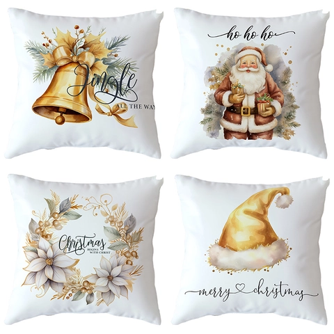 Funda de Almohada de Navidad Acuarela Papá Noel Muñeco de Nieve Reno Patrón Felpa Funda de Cojín Festiva Hogar Sofá