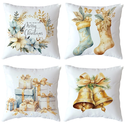 Funda de Almohada de Navidad Acuarela Papá Noel Muñeco de Nieve Reno Patrón Felpa Funda de Cojín Festiva Hogar Sofá