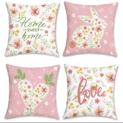 Ostern Hase Kissenbezug Rosa Blumen Kissenhülle Für Sofa Wohnzimmer Deko Digital Bedruckt Kurzplüsch Wohnkultur