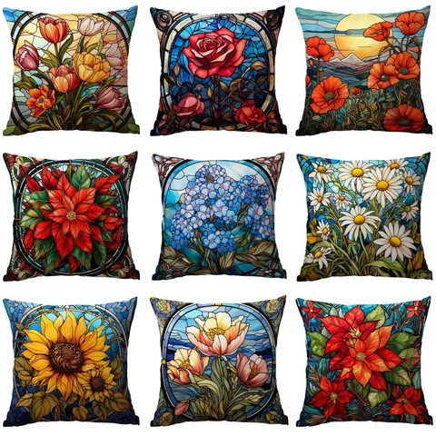Funda de Almohada Floral Vintage Arte de Vidrieras Funda de Cojín Decorativa Para Sofá Sala de Estar Cuadrada Estampado Flores
