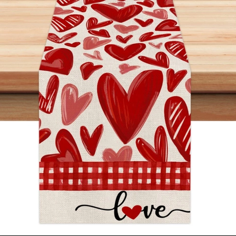 Valentine's Day Table Runner Linen Heart Pattern Gnome Buffalo Plaid Romantic Holiday Kitchen Dining Table Decor Tablecloth