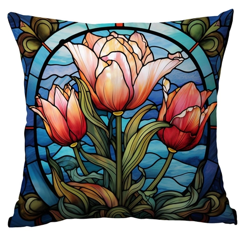 Funda de Almohada Floral Vintage Arte de Vidrieras Funda de Cojín Decorativa Para Sofá Sala de Estar Cuadrada Estampado Flores