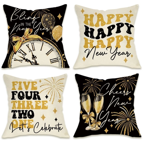 Happy New Year Linen Pillow Cover Black Gold Fireworks Champagne Clock Countdown Decorative Throw Cushion Case For Sofa Home