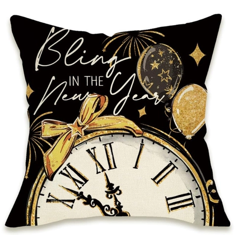 Happy New Year Linen Pillow Cover Black Gold Fireworks Champagne Clock Countdown Decorative Throw Cushion Case For Sofa Home