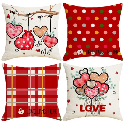 Valentine's Day Heart Pattern Linen Pillow Case Red Polka Dot Plaid Decorative Cushion Cover For Home Sofa Bedroom Romantic Gift
