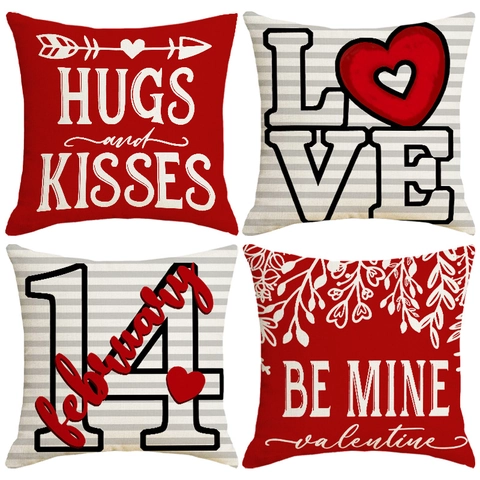 Valentinstag Leinen Kissenbezug Rot Liebe Herz Buchstabe Druck Quadratischer Kissenhülle Home Dekor Für Sofa Bett Couch