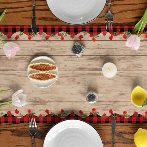 Valentinstag Gnome Tischläufer Rotes Herz Rose Plaid Rand Leinen Tischtuch Romantische Jahrestag Essen Dekoration