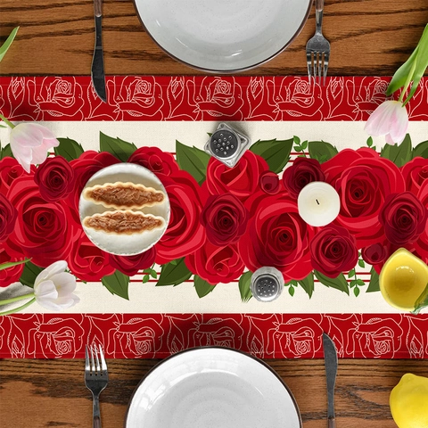 Runner da Tavola in Lino Stampato con Rose Rosse di San Valentino Runner Stile Nordico per Decorazione Sala da Pranzo