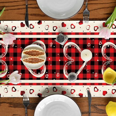 Valentine's Day Table Runner Polyester Buffalo Plaid Red Black Checkered Heart Print Dining Room Decor For Home Holiday