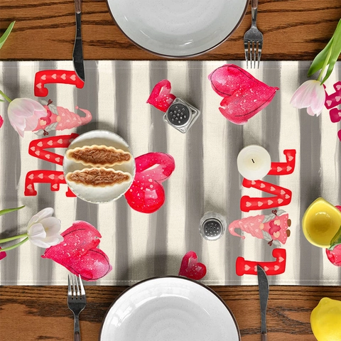 Valentine's Day Heart Gnome Stripes Table Runner Polyester Printed Grey White LOVE Pattern Home Party Dining Decor