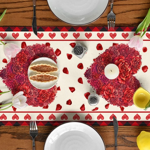 Valentine's Day Red Rose Heart Table Runner Linen Buffalo Plaid Romantic Dining Tablecloth Wedding Party Decoration