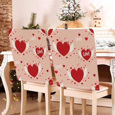 Valentine's Day Chair Covers Polyester Heart Rose Gnome Print Dining Chair Back Covers For Wedding Party Home Decor