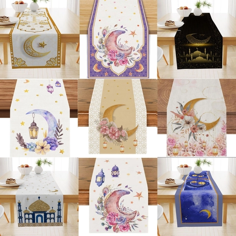 Ramadan Tischläufer Polyester Mond Stern Laterne Architektur Bedruckte Dekorative Tischdecke Für Zuhause Essen Festliche Dekoration