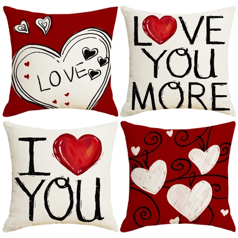 Valentine's Day Linen Throw Pillow Cover Romantic Heart Love Pattern Printed Decorative Cushion Case For Sofa Home Decor