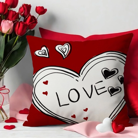 Valentine's Day Linen Throw Pillow Cover Romantic Heart Love Pattern Printed Decorative Cushion Case For Sofa Home Decor
