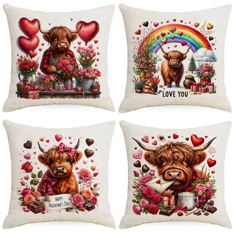 Highland Cow Valentine's Day Pillowcase Linen Decorative Cushion Cover Romantic Heart Rose Printed Square Throw Pillow Case