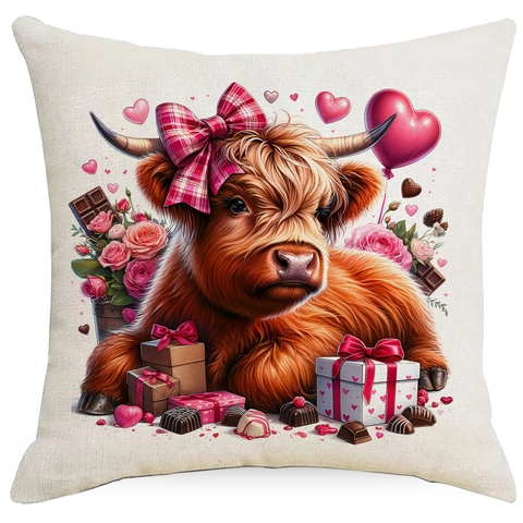 Highland Cow Valentine's Day Pillowcase Linen Decorative Cushion Cover Romantic Heart Rose Printed Square Throw Pillow Case