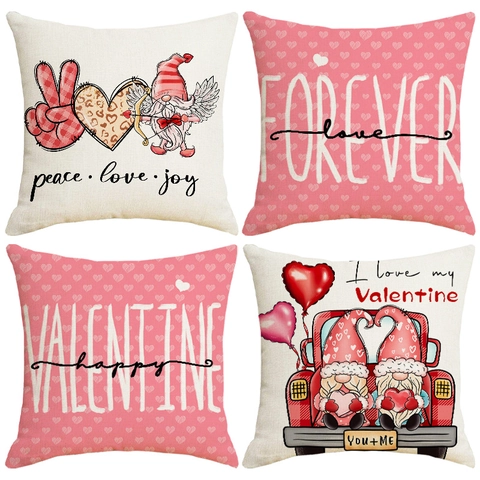 Valentine's Day Heart Gnome Printed Linen Pillow Case For Sofa Home Decor Decorative Square Cushion Cover Without Insert