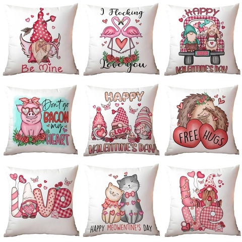 Funda de Almohada de San Valentin Diseño de Gnomo Animal y Corazon Felpa Corta Funda de Cojin Decorativa para Sofa Salon