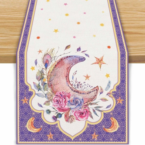 Ramadan Tischläufer Polyester Mond Stern Laterne Architektur Bedruckte Dekorative Tischdecke Für Zuhause Essen Festliche Dekoration