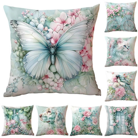 Weicher Kurzplüsch Deko Kissenbezug Frühling Floral Minzgrün Kissenhülle Blumen Schmetterling Katze Hund Tier Print Bezug