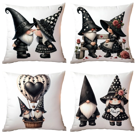 Federa per Cuscino di San Valentino Gnomo Coppia Cuore Nero Bianco Peluche Corto Decorativo Cuscino da Divano Federa Romantica