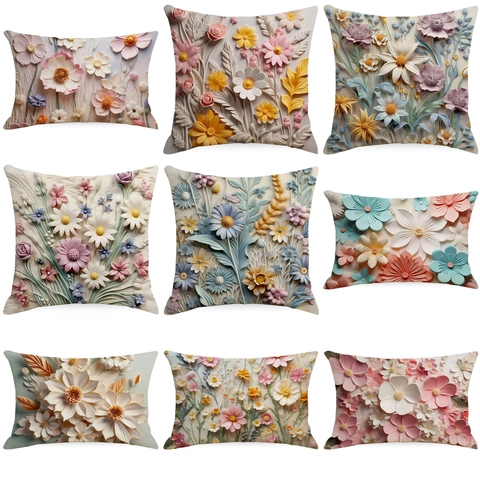 3D Relief Floral Kissenhülle Retro Ölgemälde Stil Leinen Kissenbezug Für Sofa Wohnzimmer Heimdeko Ohne Füllung