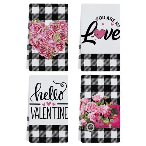 Valentijnsdag Microvezel Keukendoeken Buffalo Ruit Roos Hart Vrachtwagen Bedrukte Vaatdoek Voor Keuken Eetkamer Decoratie Cadeau
