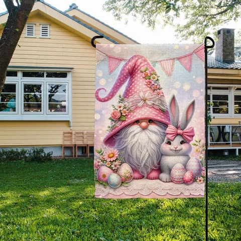 Drapeau de Jardin de Pâques Printemps Double Face Lin Toile de Jute Décoration de Cour Gnomes Lapin Floral Bannière de Maison Extérieure