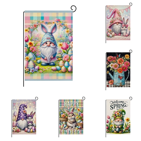 Drapeau de Jardin de Pâques Printemps Double Face Lin Toile de Jute Décoration de Cour Gnomes Lapin Floral Bannière de Maison Extérieure