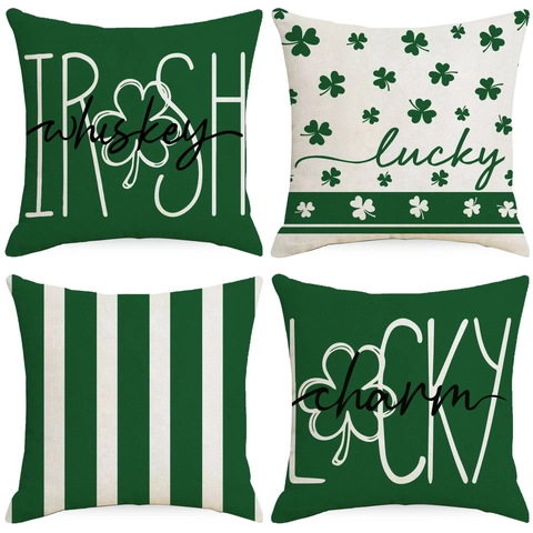 St. Patrick's Day Cushion Cover Linen Green Shamrock Stripe Print Decorative Throw Pillow Case For Home Living Room Sofa