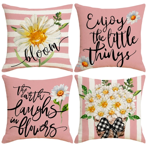 Moderno Minimalista de Lino Rosa Margarita Estampado Funda de Almohada Cuadrado Decorativo Funda de Cojín Para Sofá Sala de Estar Decoración Hogar