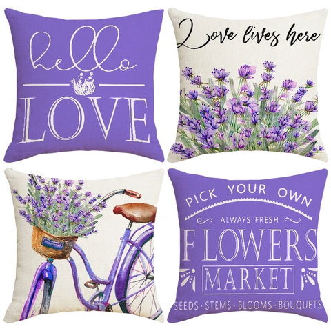Fodera per Cuscino in Lino Vintage Lavanda Fiore Decorativa Stampa Floreale Lettera Quadrata Custodia per Cuscino Divano Casa