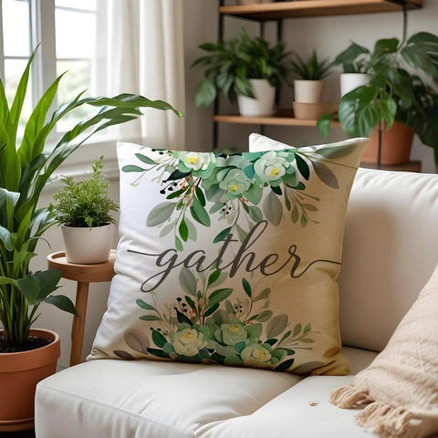 Funda de Almohada Decorativa con Impresión de Letras y Hojas de Plantas en Lino Moderno Cojín para Sofá de Sala y Dormitorio