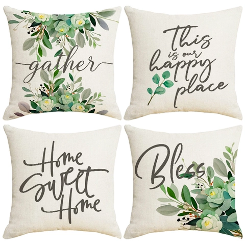 Funda de Almohada Decorativa con Impresión de Letras y Hojas de Plantas en Lino Moderno Cojín para Sofá de Sala y Dormitorio