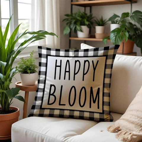 Spring Linen Throw Pillow Covers Happy Bloom Floral Buffalo Plaid Pattern Square Decorative Cushion Covers For Home Sofa