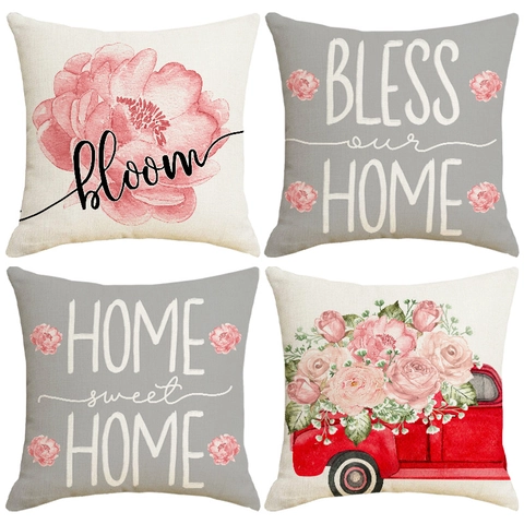 Pastoral Rosa Blumen Leinen Kissenbezug Quadratisch Dekorativ Wurfkissenbezug Für Sofa Zuhause Wohnzimmer Dekoration