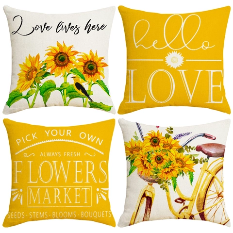 Sunflower Linen Pillow Case Decorative Cushion Cover Vintage Bicycle Floral Pattern For Sofa Living Room Home Decor